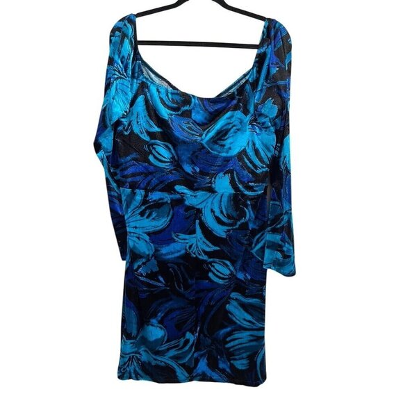 Venus Dress XL Blue Floral Mini Velour Faux Wrap 80s Bodycon Artsy Retro Vegas - Picture 6 of 10